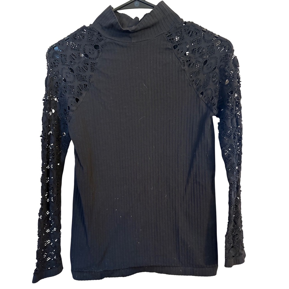 Nikibiki Womens Mock Neck Ribbed Lace Long Sleeve Top Black O/S - Picture 5 of 5
